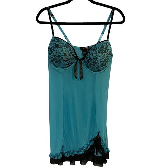 Per Lei Women's Turquoise and Black Lace Mesh Babydoll Chemise Size 1X - Picture 1 of 7